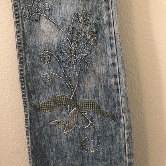 Cest Toi Embroidered Distressed Wide Leg Flare Jeans Jr Size 3 Blue Denim Boho - Picture 5 of 11